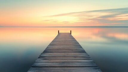Obraz premium Tranquil Dawn: A Wooden Dock Extending into a Serene Lake at Sunrise