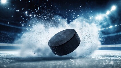 A black hockey puck flies across the ice, leaving behind smoke and sparks in an action shot. 