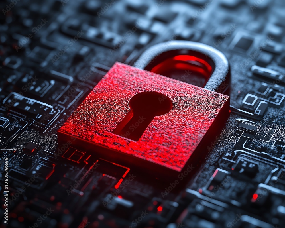 Poster creative cybersecurity representation, hacker warnings, red alert lights, secure data encryption, di