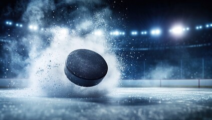 A black hockey puck flies across the ice, leaving behind smoke and sparks in an action shot. 