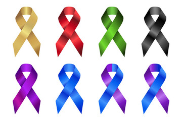 Set of realistic vector awareness ribbons in 8 different colors. Awareness ribbon different color set. World Prostate Cancer Day concept. Bright medical banner, 3d tape. For poster, Websites Magazines