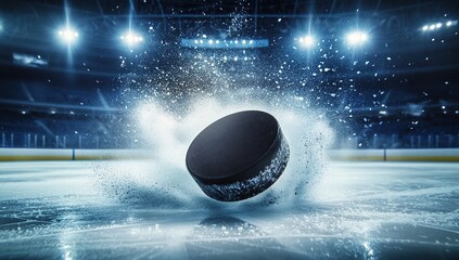 A black hockey puck flies across the ice, leaving behind smoke and sparks in an action shot. 