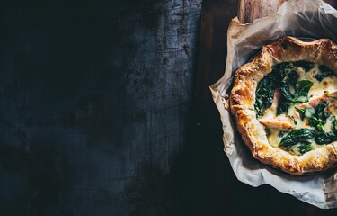 A rustic homemade salmon and spinach pie with flaky crust served on a white parchment paper, wooden board on a black wooden table with space for text.