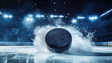 A black hockey puck flies across the ice, leaving behind smoke and sparks in an action shot. 