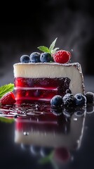 A layered cake slice with berries and syrup garnish on a dark background and reflective surface