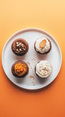 Four artisan cupcakes with unique flavors and garnishes served on white plate with crumbs on a orange gradient background.