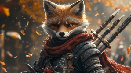 Anthropomorphic fox warrior in autumn forest, wielding twin blades.