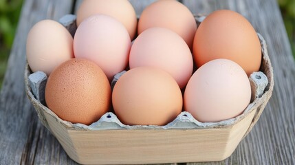 Fresh organic eggs in a rustic wooden basket, farm-to-table high-protein ingredient