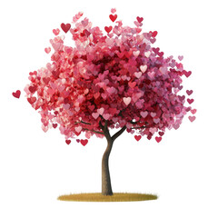 Obraz premium A tree with pink heart-shaped leaves and more hearts floating around it.