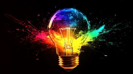 Creative thinking symbolized by a light bulb, glowing filament, light rays bursting out, colorful sparks of innovation, abstract representation of ideas, modern and sleek design
