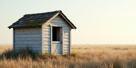 A weathered, white wooden shed stands solitary in a field of tall, golden grass under a pale sky.