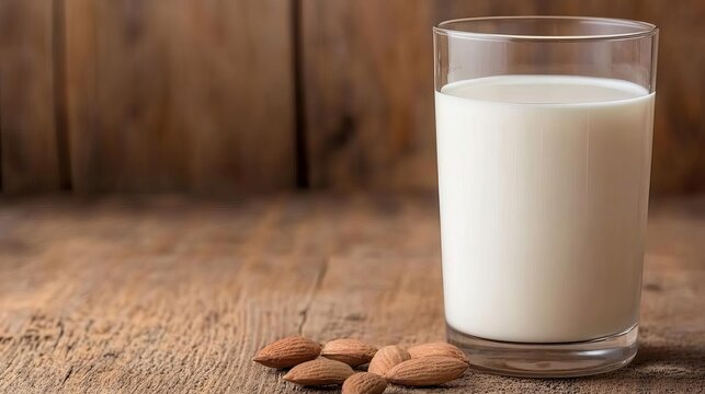 Glass of almond milk on a wooden table, dairy-free protein alternative