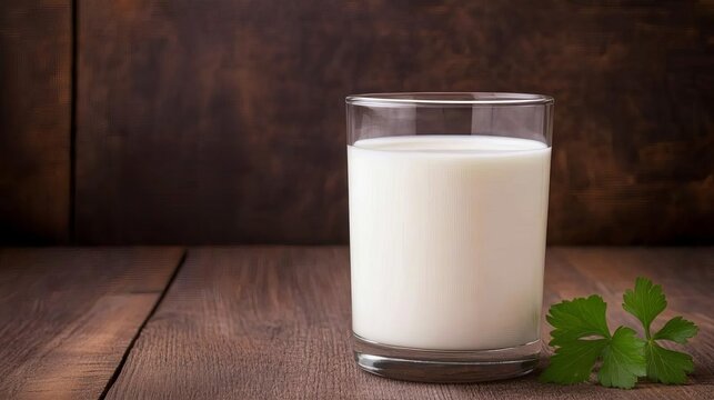 Glass of almond milk on a wooden table, dairy-free protein alternative