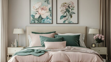 Pink and green pillows on bed with beige bedhead and lamps in modern bedroom interior with floral posters