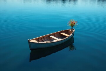 Obraz premium A solitary wooden rowboat adorned with a vibrant bouquet, gently floats on tranquil, deep blue water.