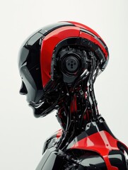 Fototapeta premium High technology humanoid robot with red and black theme, intelligent modern robotic AI concept side face