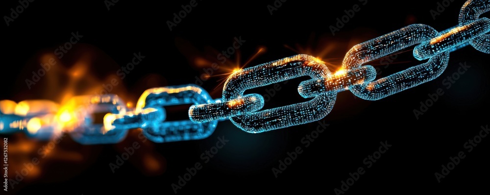 Poster a close-up view of a shimmering chain, showcasing intricate links and sparkling effects against a da
