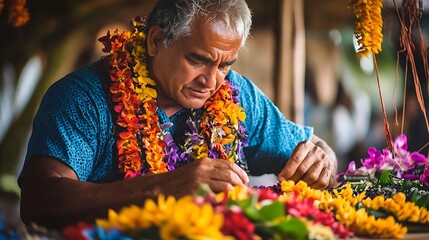 A Polynesian Craftsman Delicately Weaving Vibrant Floral Lei