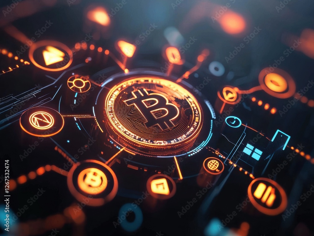 Poster a glowing bitcoin symbol surrounded by digital icons, representing cryptocurrency technology and blo