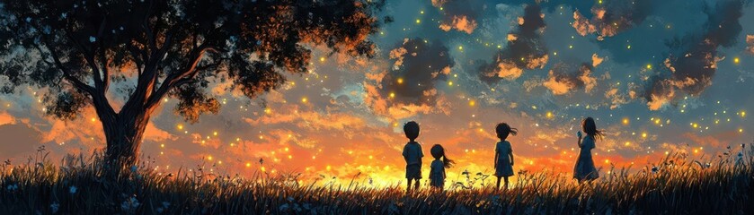 Fototapeta premium Children, Trees, Sunset, Fireflies, Hope