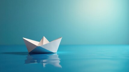 Obraz premium A solitary paper boat floats serenely on a tranquil blue surface, reflecting the calm and peace of the moment.