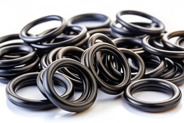 Panoramic photography highlights a size progression of black rubber rings sharply contrasted on white.