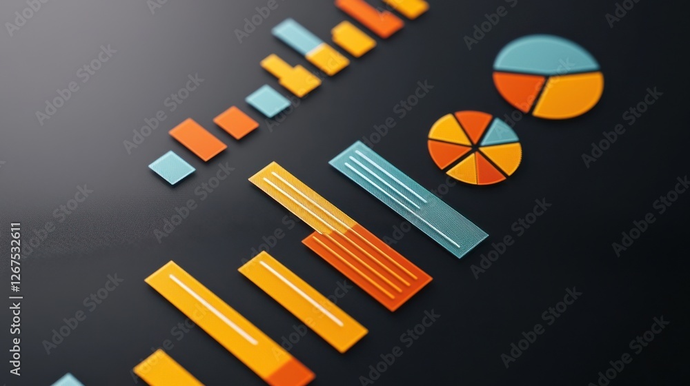 Poster colorful data visualizations featuring bars and pie charts on a dark surface, illustrating statistic