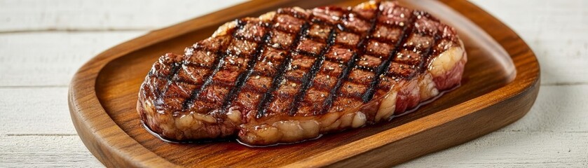 Grilled ribeye steak with sizzling fat, juicy high-protein meal on wooden plate