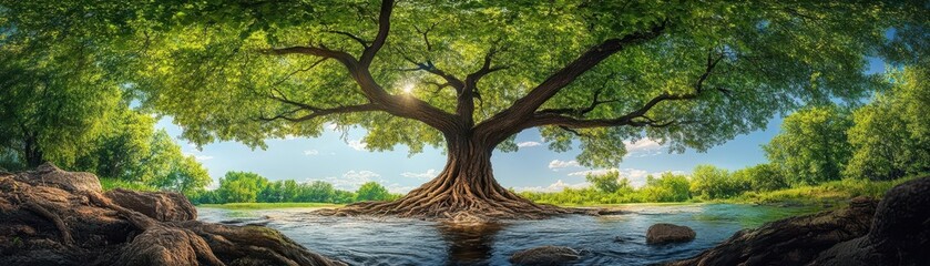 Capture the grandeur of a Tree representing Earths unity, roots in rivers, branches in sky