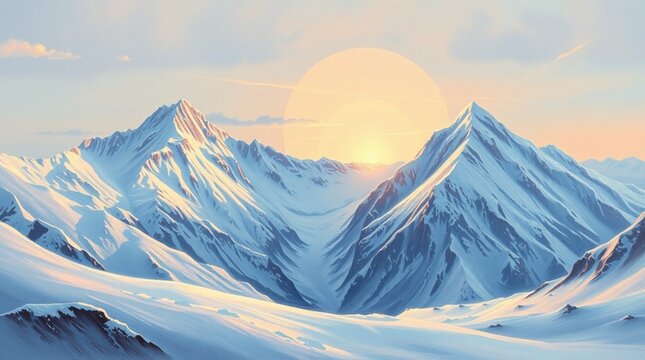 ): A magnificent snow-capped mountain range with rich ultraviolet tones, bright skies, light rain, vibrant purples, strong contrast, and a reflective surface reflecting a winter sunset