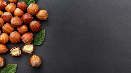 Hazelnuts scattered on a dark background, natural protein snack concept