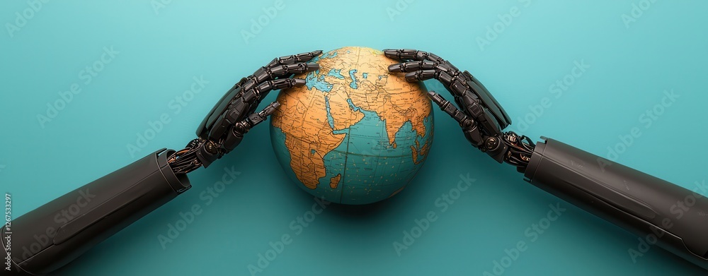 Poster a robotic pair of hands gently holds a globe, symbolizing the relationship between technology and gl