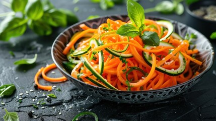 Spiralized carrot and zucchini salad on a dark textured table, flat lay