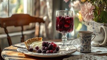 A quaint countryside breakfast scene with a berry sangria glass next to a slice of homemade berry pie, served on a chipped ceramic plate