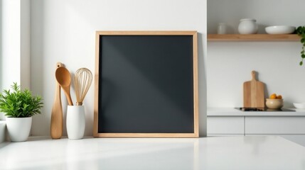 Blank dark frame mockup in modern kitchen setting with wooden utensils and potted plant
