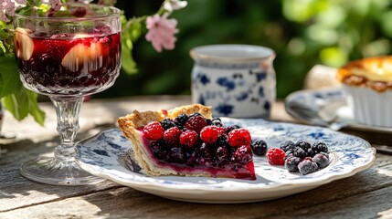 A quaint countryside breakfast scene with a berry sangria glass next to a slice of homemade berry pie, served on a chipped ceramic plate