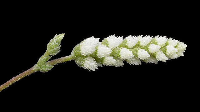 White woolly flower spike of Aerva lanata plant captured in a detailed macro shot against a black background.