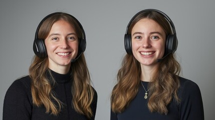 Two smiling female customer service representatives showcase professionalism and approachability as they assist clients in a call center setting, highlighting teamwork and dedication