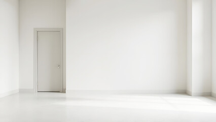 Empty minimalist room with a white wall, a door, and soft natural light