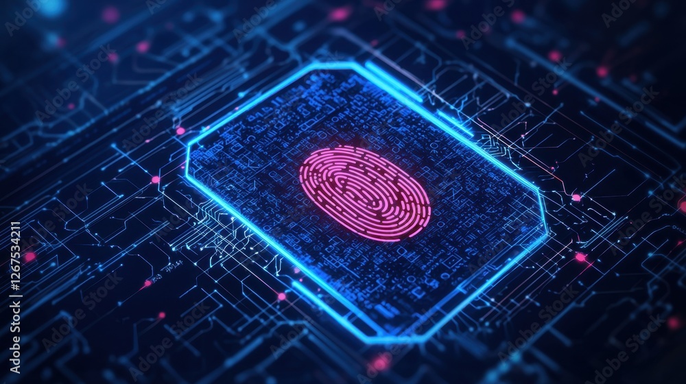Poster abstract representation of a digital fingerprint on a futuristic circuit board with glowing lines an