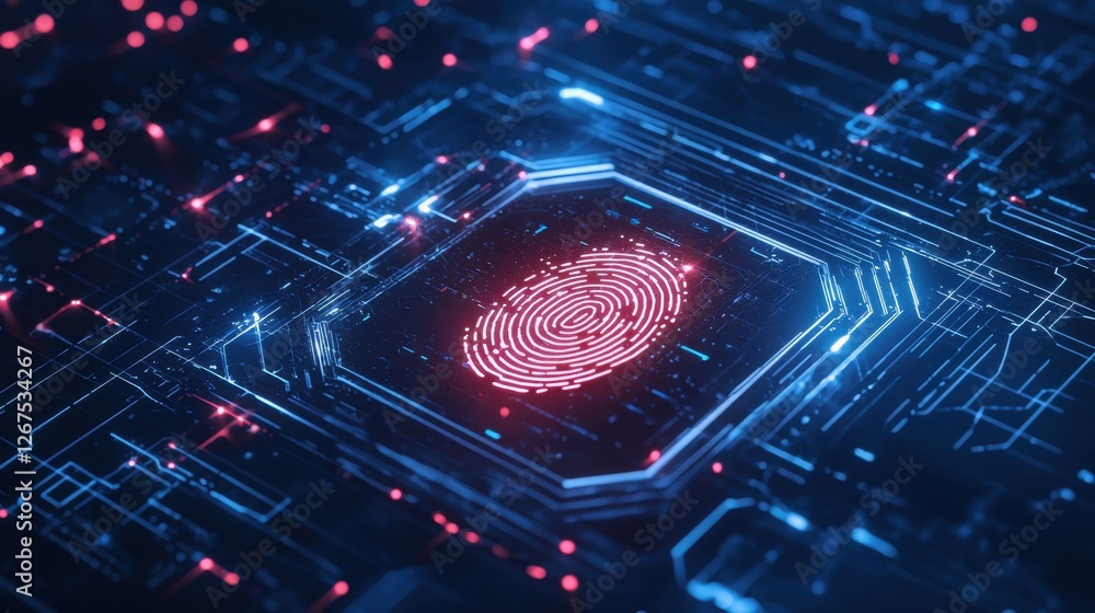 Poster abstract digital fingerprint symbol on circuit board background with red and blue lights representin