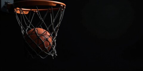 A basketball swishes through the net into the hoop, a dramatic close-up against a dark background