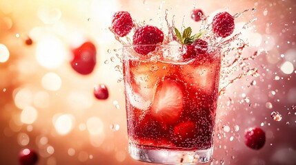 A surreal high-speed capture of sangria splashing from a glass, frozen in time, with berries suspended mid-air against a bright background