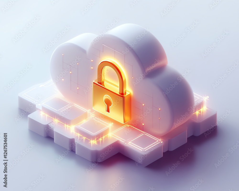 Poster golden lock on a white cloud, representing secure data storage, glowing encryption, digital protecti
