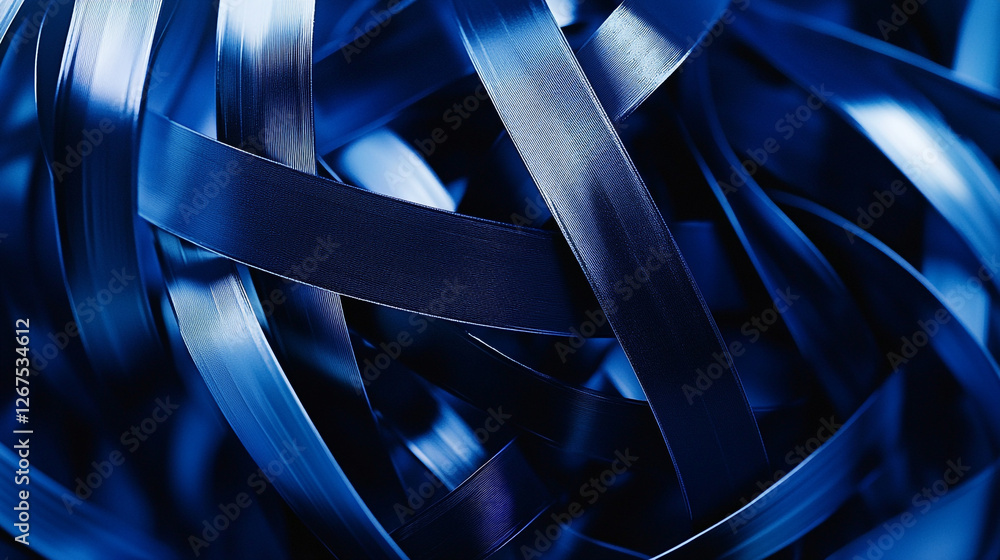 Poster intricate dance of blue ribbons intertwining in a textured web that evokes motion and depth