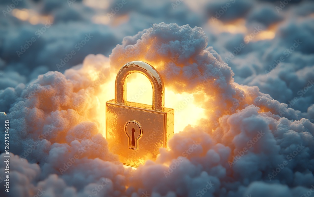 Poster golden lock resting on a white cloud, representing data security, soft glowing light, cloudbased enc