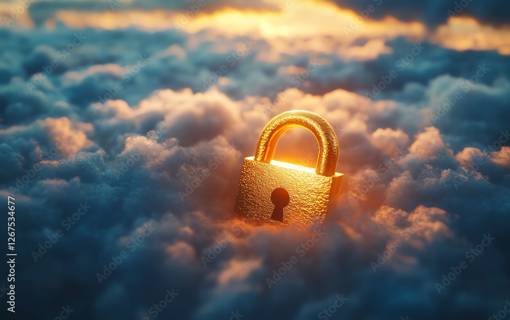 Poster golden lock resting on a white cloud, representing data security, soft glowing light, cloudbased enc