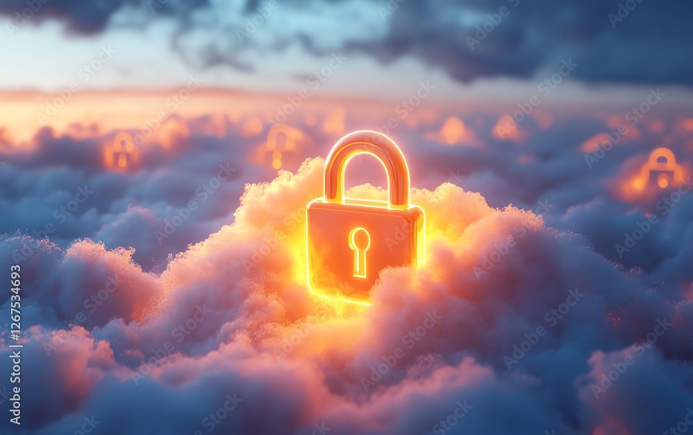 Aufkleber golden lock symbol floating on a white cloud, symbolizing robust data security, cloud encryption, di