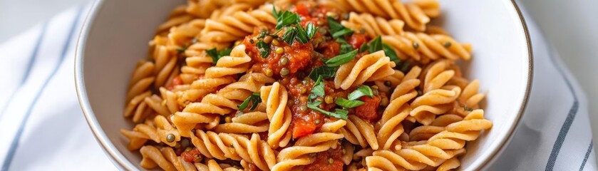 Lentil-based pasta with homemade tomato sauce, healthy high-protein dish