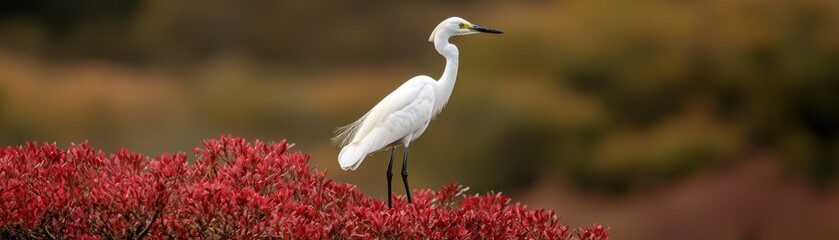 Obraz premium White Heron Standing on Colorful Red Bush Amidst Nature's Beautiful Autumn Landscape